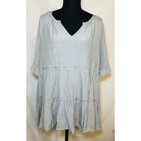 CAMILLE & CO Gray Tiered Boho Ruffle Short Sleeve Blouse Top Women's XL NWT - Picture 1 of 9